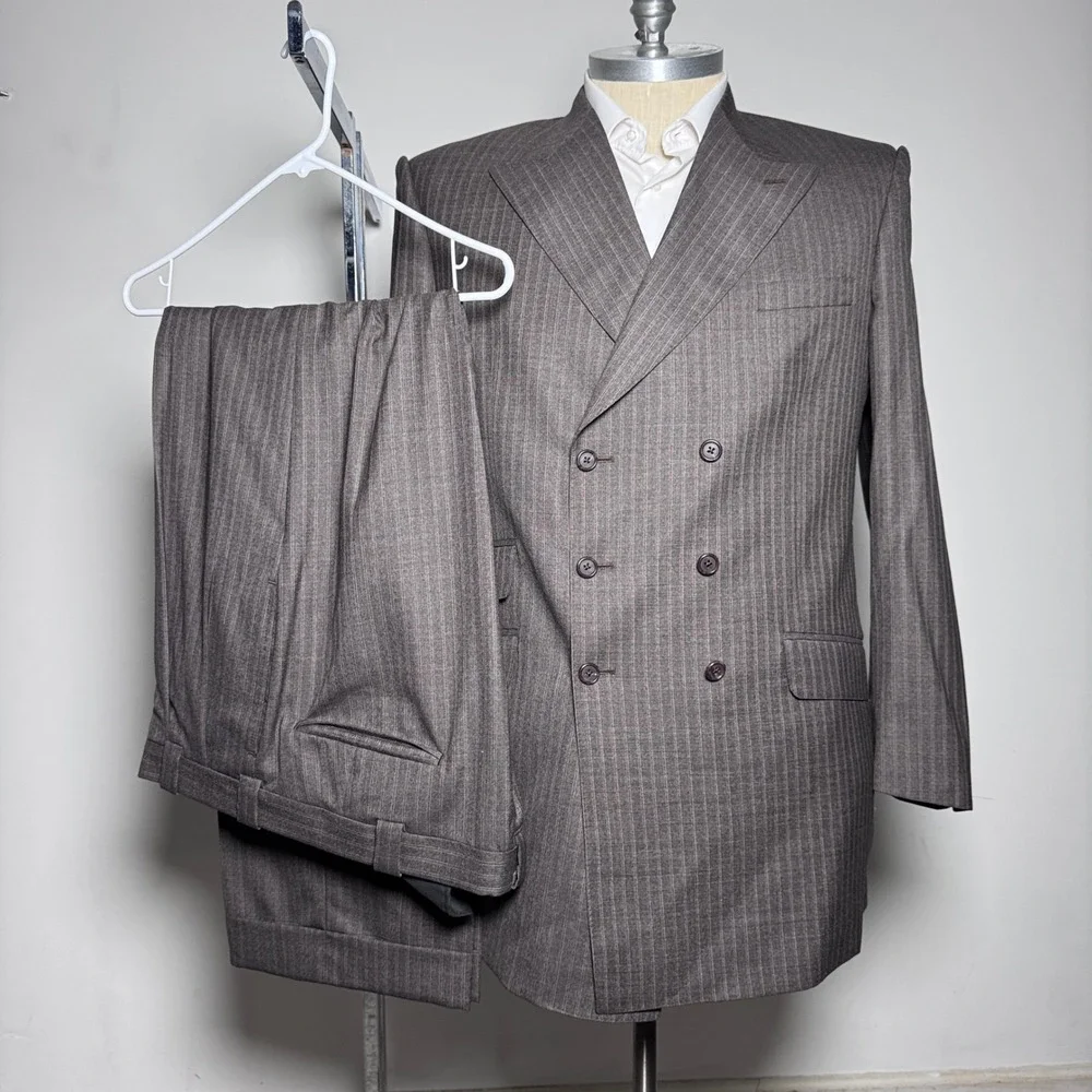 E. Givens Clothier Double‎ Breasted Suit Mens 46L 38x34 Brown Pinstripe Wool